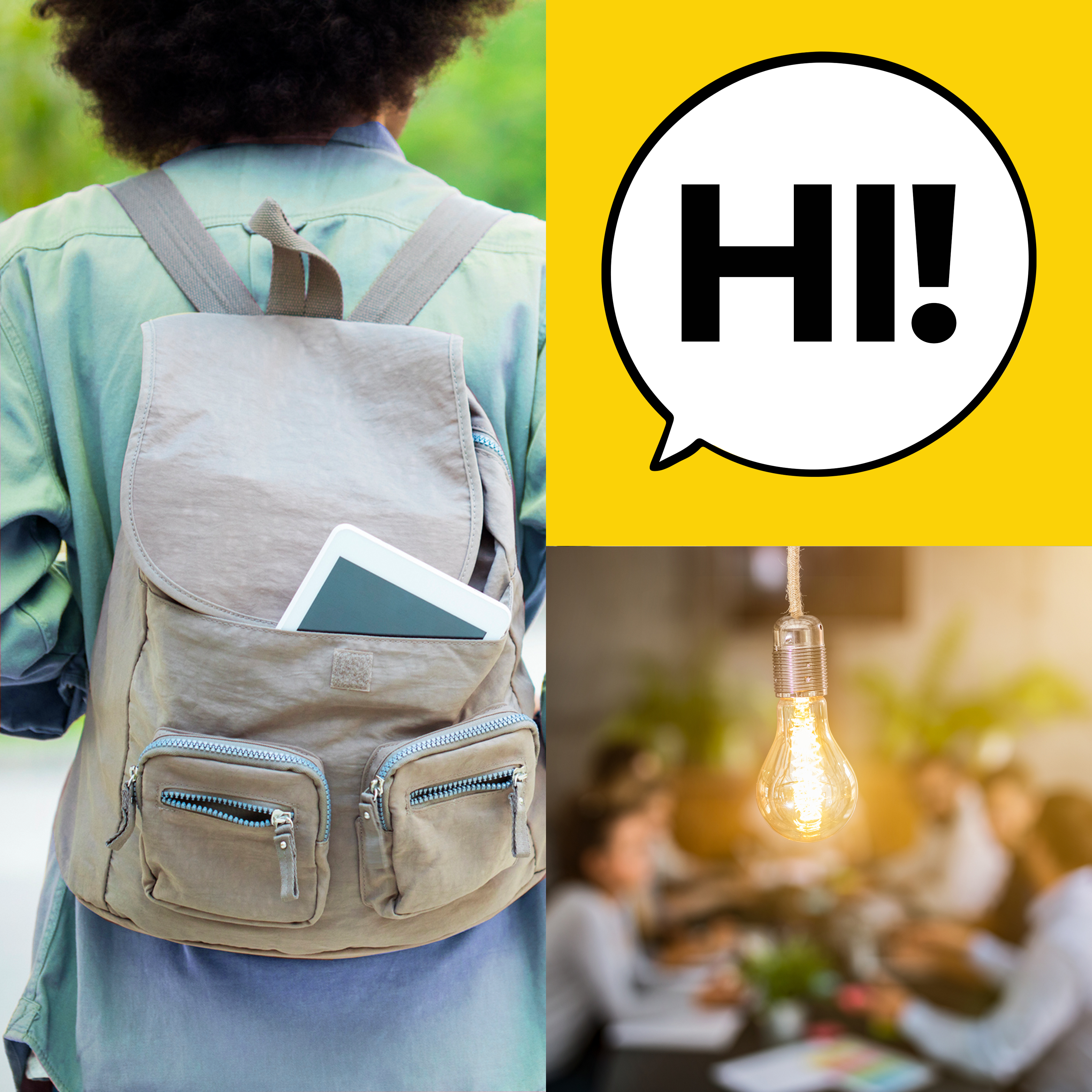 a grid with an international student with a backpack and tablet and a speech bubble hi! and a work team at a table with the focus on a lightbulb in the foreground